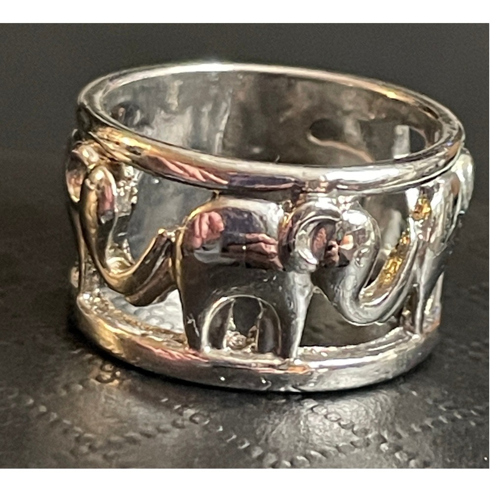 Elephant Ring Wide Band Cutout Silver Tone Animal Size 8